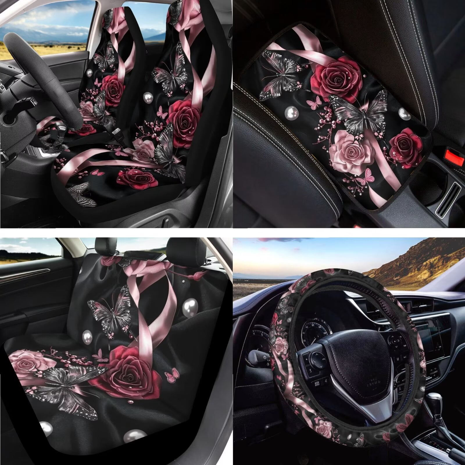 LedBack Butterfly Printed Car Seat Covers Full Set for Women Men Rose Printed Steering Wheel Covers Car Seat Belt Pads Armrest Pad Covers Car Mirror Accessories, 15 Pcs Car Accessories