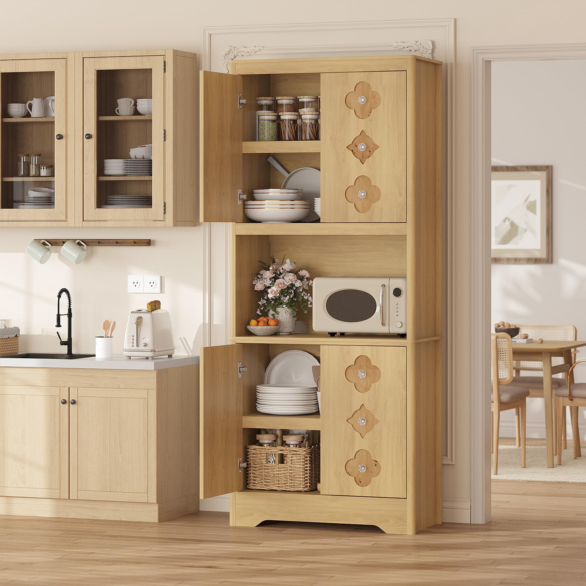 Kitchen Pantry Cabinet, 72" Tall Storage Cabinet with Countertop, Freestanding Wooden Hutch Cupboard with Carved Door & Crystal Handle, for Dining Room, Living Room
