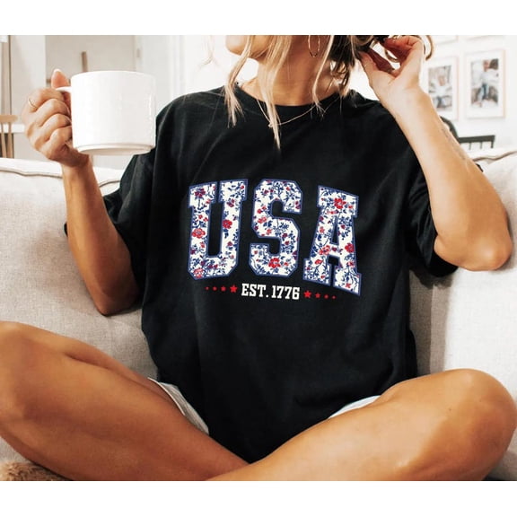 Floral USA Shirt , Patriotic 4th of July Tee for Women, America Est. 1776 T-Shirt, Cute Girly Independence Day Top