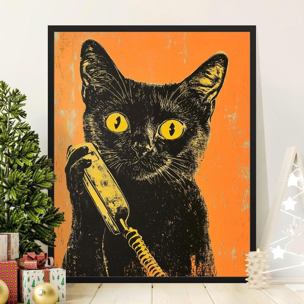 Retro Cat Wall Art Black Cat With Phone Poster Pop Art Cat Print Vintage Cat Artwork Quirky Home Decor Cat Lover Gift Wall Decor