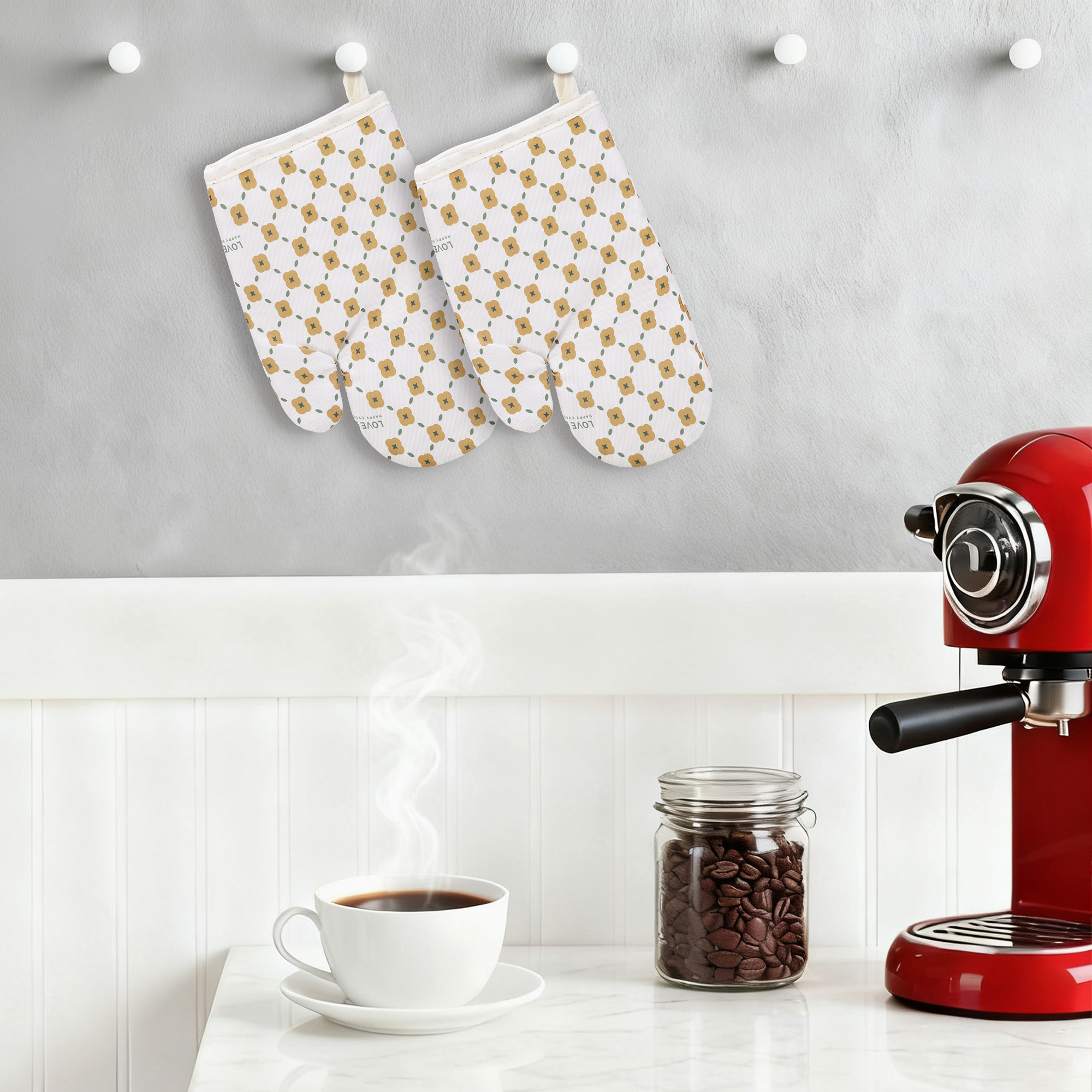 Unique Bargains Soft Floral Heat-Resistant Oven Mitts Cooking Gloves White/Yellow