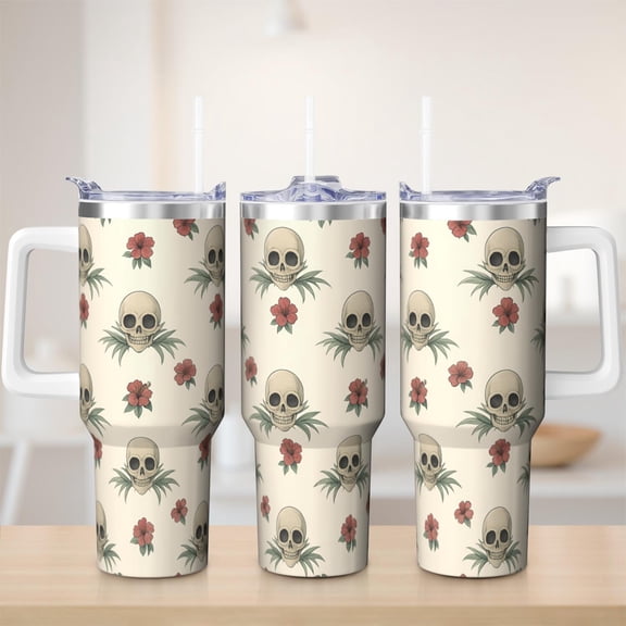 Halloween Tumbler with Handle 40oz Insulated Stainless Tumbler, Skull Travel Home Office Coffee Cup Water Bottle
