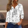 thumbnail image 2 of WTOBBY Women's Casual V-Neck Button Down Tee with 3/4 Sleeve, Daily Weekend Fashion Basic Tunic Top, Retro Geometric Print Henley Collar Regular Fit Shirt,White XL, 2 of 5