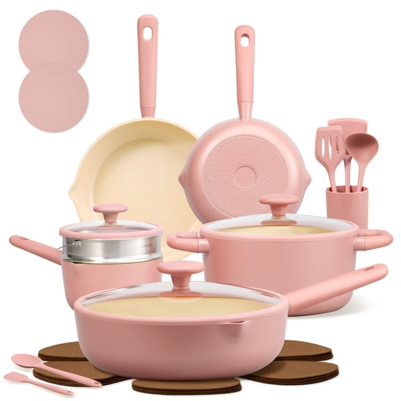 Carote 21-Piece Nonstick Pots and Pans Set, Ceramic Cookware Set with Steamer, Induction Compatible, Pink