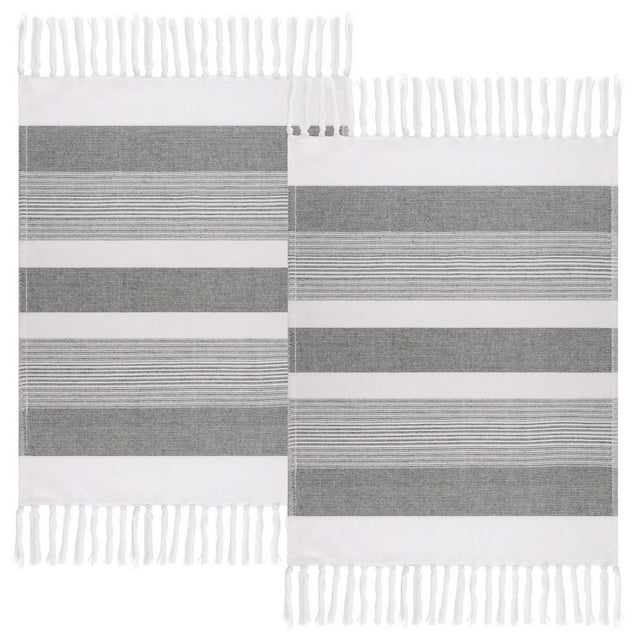 Hometrends 2-pack kitchen towels featuring gray and white horizontal stripes with fringed edges for a modern look.