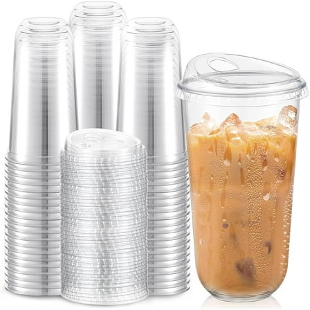 100 Pcs Plastic Cups with Sip Lids Round Bottom Disposable Plastic Coffee Cups with Lids Clear Strawless Crystal Mugs for Iced Coffee Smoothie Cold Beverage Party Catering Supplies (20 oz)