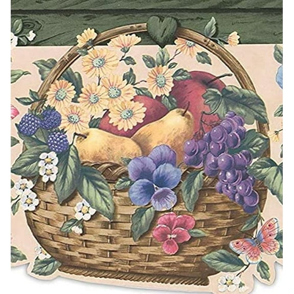 Concord Wallcoverings Wallpaper Border Vintage Floral Pattern Baskets Flowers Leaves Apples Pears Grapes for Kitchen Cottage, Green Pink White Beige Brown Purple, 9 Inches by 15 Feet 5810415