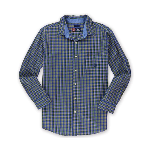 chaps - camisa con botones de fácil cuidado para hombre, azul, grande chaps botones al frente camisa de cuadros escoceses azul, vista frontal centrada. Ajuste clásico, manga larga con puños abotonados, cuello abotonado, cierre con botones al frente y bolsillo izquierdo de pecho abotonado; 60% algodón/40% poliéster, peso medio, importada. También es adecuada para usar como camisa informal de fin de semana.