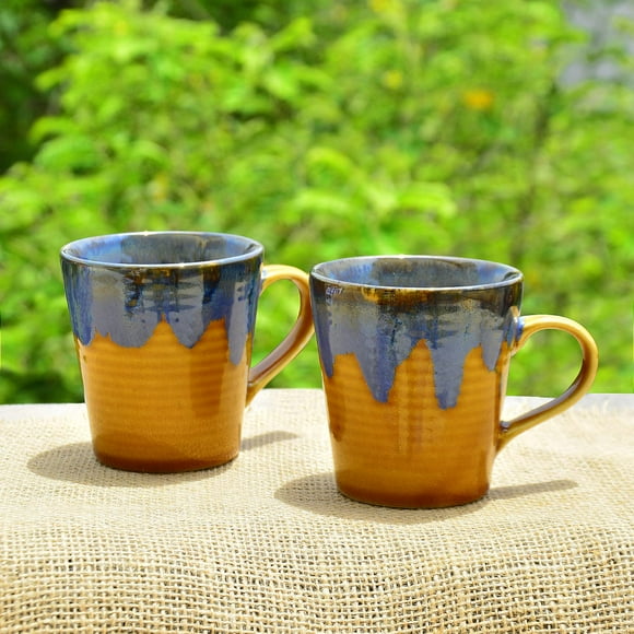 Studio Pottery Flow Design Ceramic Coffee Mugs Set Of 2 - 300ml Each, Golden | Milk Mugs | Chai Cups | Tea Cups & Mugs