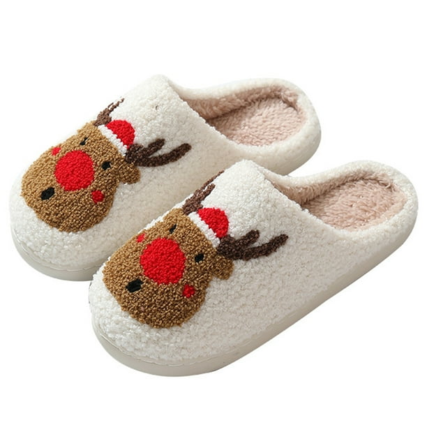 Pantuflas Mullidas Y Peludas para Mujer Cómodas Casa Sin Cordones Cálidas Interiores Ciervos Navideños Antideslizantes Mujeres Hombres Invierno Regalo Navidad