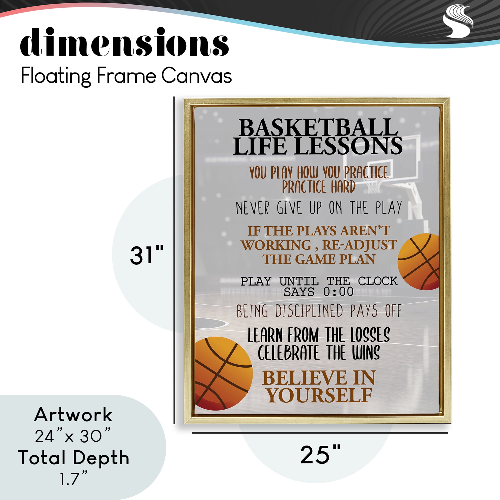 Basketball Life Lessons Gold Framed Floater Canvas Wall Art, design by Kim Allen