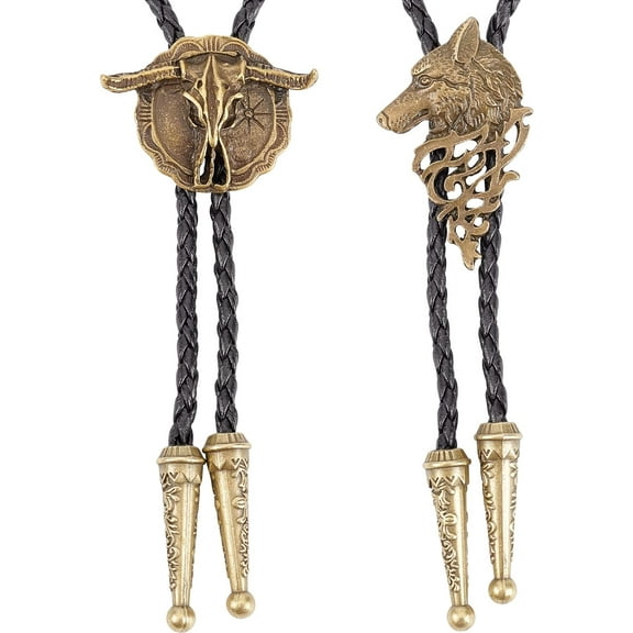 2 Styles Leather Bolo Tie Necktie Horse Cow Wolf Chain Western Cowboy Rope Cord Pendant Necklace Jewelry Costume Accessories for Men Rodeo Wedding Bronze