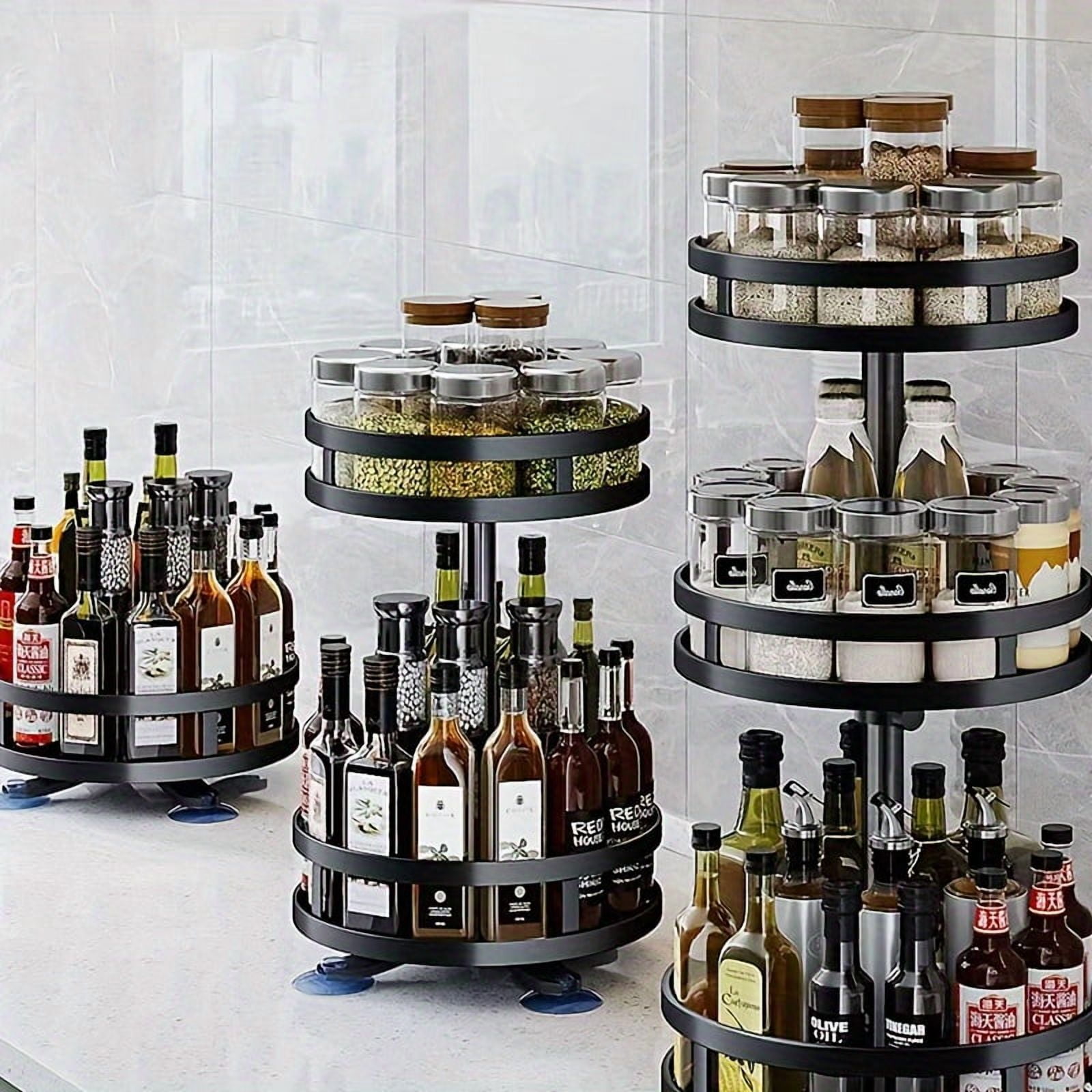 1/2/3 Tier Metal Lazy Susan Turntable Organizer Rotating Spice Rack for Kitchen Cabinet Countertop Pantry Cupboard Medicine Cabinet with Suction Cup Feet Label Paper Markers