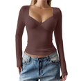 thumbnail image 1 of Camisetas de Larga con Cuello en V para Mujer, Top Corto con Doble Forro y Copa con Costura, Tops para Salir Marrón M, 1 of 7