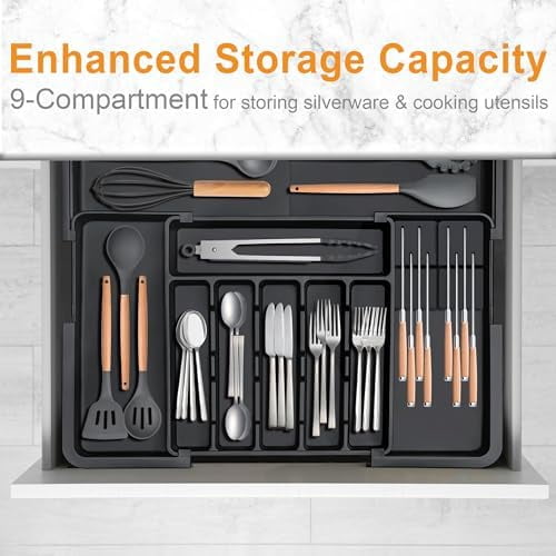 Silverware Organizer - Expandable Large Kitchen Drawer Organizer Utensil Organizer with 2 Removable Knife Blocks, 22"x 19"Cutlery Tray Drawer Dividers for Kitchen Flatware(6-9 Slots) (Black)