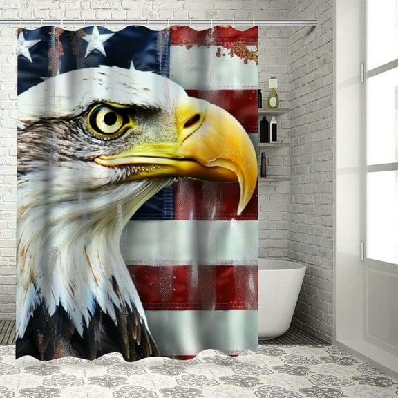 PRATYUS  American Flag Shower Curtain, USA Bald Eagle Stars and Stripes Flag Hippie Independence Day Fourth of July Waterproof Bathroom Decor Polyester Fabric Bath Curtains, Hooks Included White