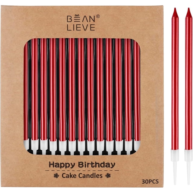 BEAN LIEVE Bougies d'Anniversaire Métalliques Longues et Fines Rouges, Lot de 30, Bougies de Gâteau, Fêtes d'Anniversaire, Décorations de Mariage, Bougies de Fête, Décorations de Gâteau