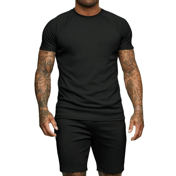 REORIAFEE Mens Sport Set 2023 Summer Outfit Set Sets Casual Beach Sweatsuit Set 90s Themed Party Outfits Men's Fashion Short Sleeve Round Neck Coat Elastic Waist Shorts Coat Suit Black L