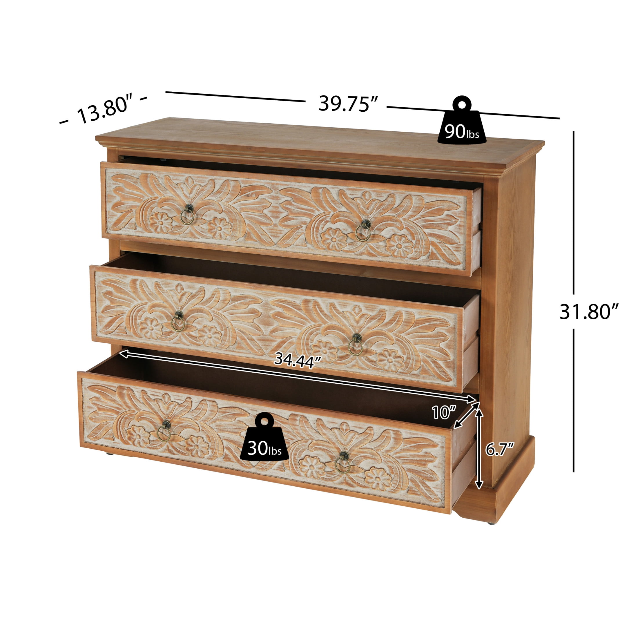 Christopher Knight Home Boho 3-Drawer Dresser with Carved Floral Front, Vintage Style, Natural & White