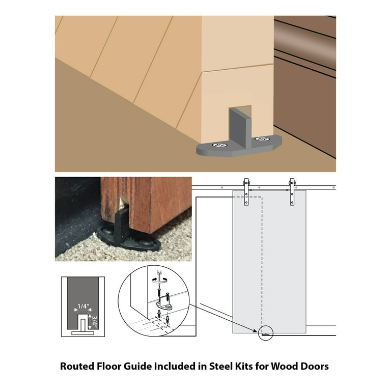 78 in. Black Solid Steel Sliding Rolling Barn Door Hardware Kit for Single Wood Doors with Routed Floor Guide 78 in. Black Solid Steel Sliding Rolling Barn Door Hardware Kit for Single Wood Doors with Routed Floor Guide