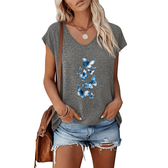 UNISHE Womens Dark Gray Pastel Blue Butterfly Print V Neck Short Sleeve T-Shirt Boho Garden S-5XL Tops