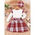 thumbnail image 2 of Wassery Kids Girls Fall Outfit Little Girls Long Sleeve Crew Neck T-shirt + Plaid A-line Skirt + Hat 2T 3T 4T 5T 6T 7T Child Girls 3PCS Autumn Clothing, 2 of 9