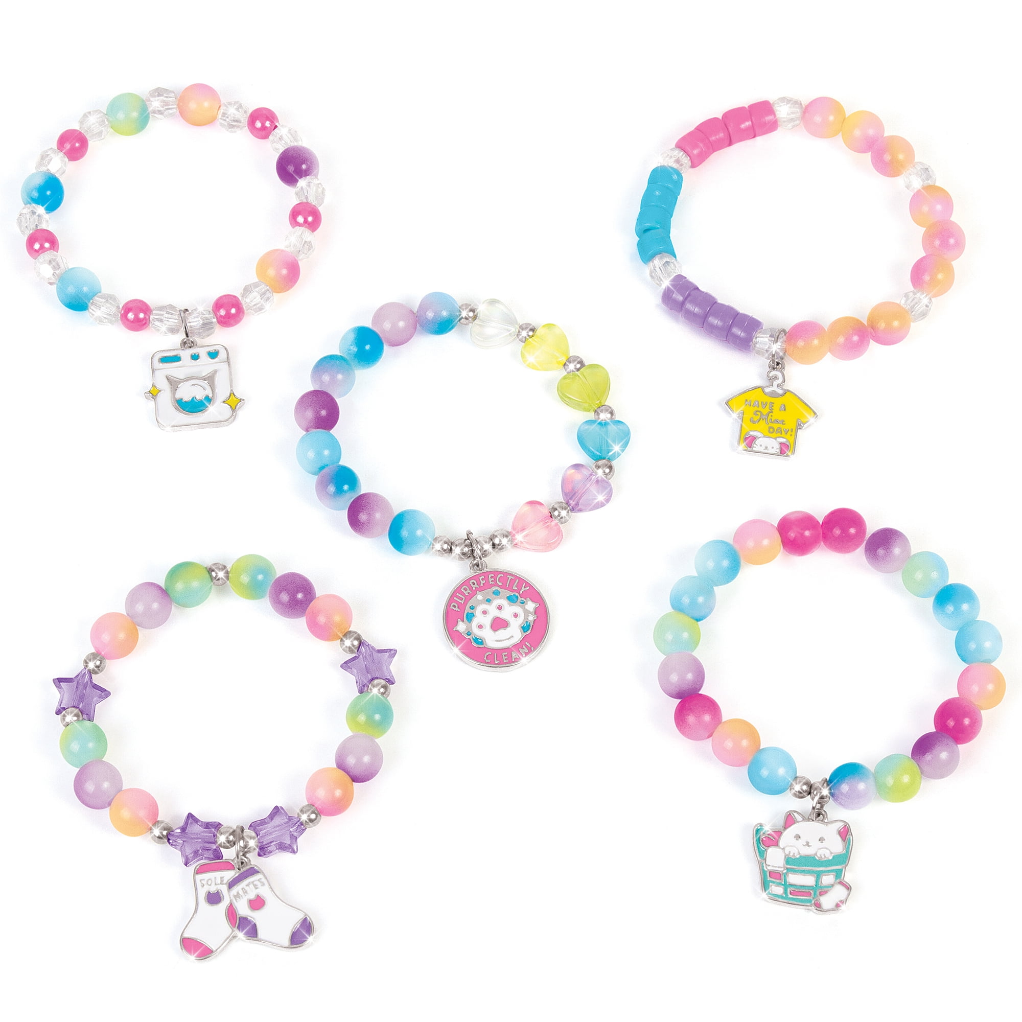Make It Real: Purr-fect Wash 'N Bead Bracelets - 141pc, DIY Jewelry Craft Kit, Design-Make 5 Charm Bracelets, Spin To Style, Bead Cleaning, Kids 8+