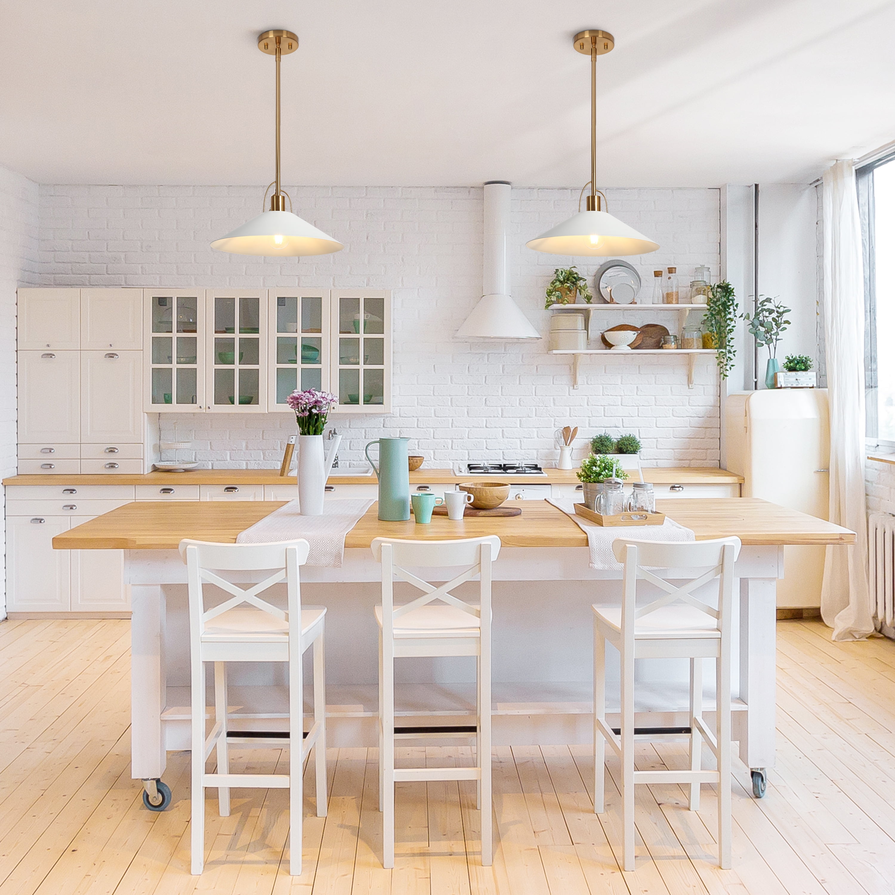 LNC Raratienner Polished Gold and Matte White Modern Cone LED Medium Hanging Pendant Light