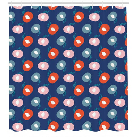 Peach Shower Curtain, Repeating Abstract Motifs of Taste Exotic Fruits Illustration Print, Fabric Bathroom Set with Hooks, Dark Blue and Multicolor, by
