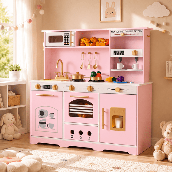 Guqiart Kids Kitchen Playset, Wooden Pretend Play Kitchen with 24 Accessories, Toddler Cooking Toy with Sink, Stove & Microwave, Interactive Play Kitchen Set for Ages 3 , Pink