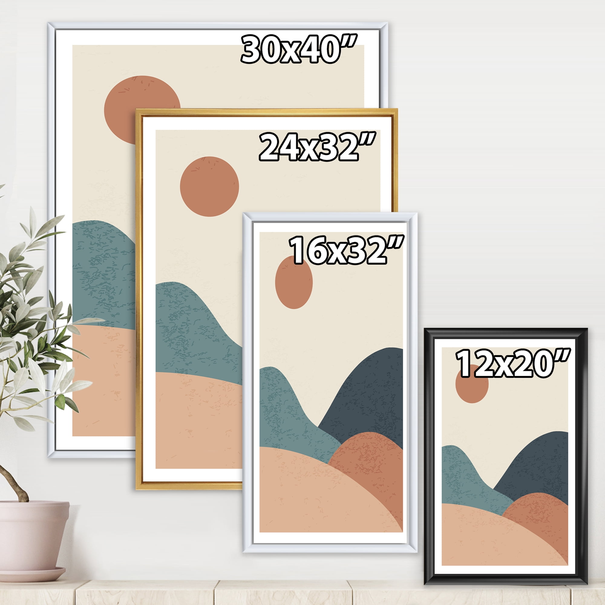 Designart 'Minimalist Vintage Landscape With Lake At Sunset' Modern Framed Canvas Wall Art Print
