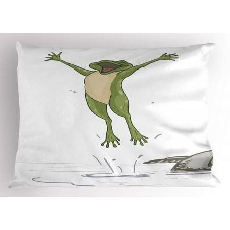 Jumping Frog Water - Frog Pillow Sham Frog Jumping in Excitement in the Water Happy Toad Freedom Relax Lifestyle Humor, Decorative Standard Queen Size Printed Pillowcase, 30 X 20 Inches, Olive Green Grey, by Ambesonne