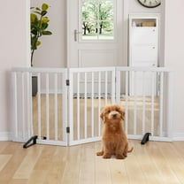 Semiocthome Foldable Dog Gate Bamboo Extra Wide Pet Gate with 2 Metal Stand for Indoor,White,55"W