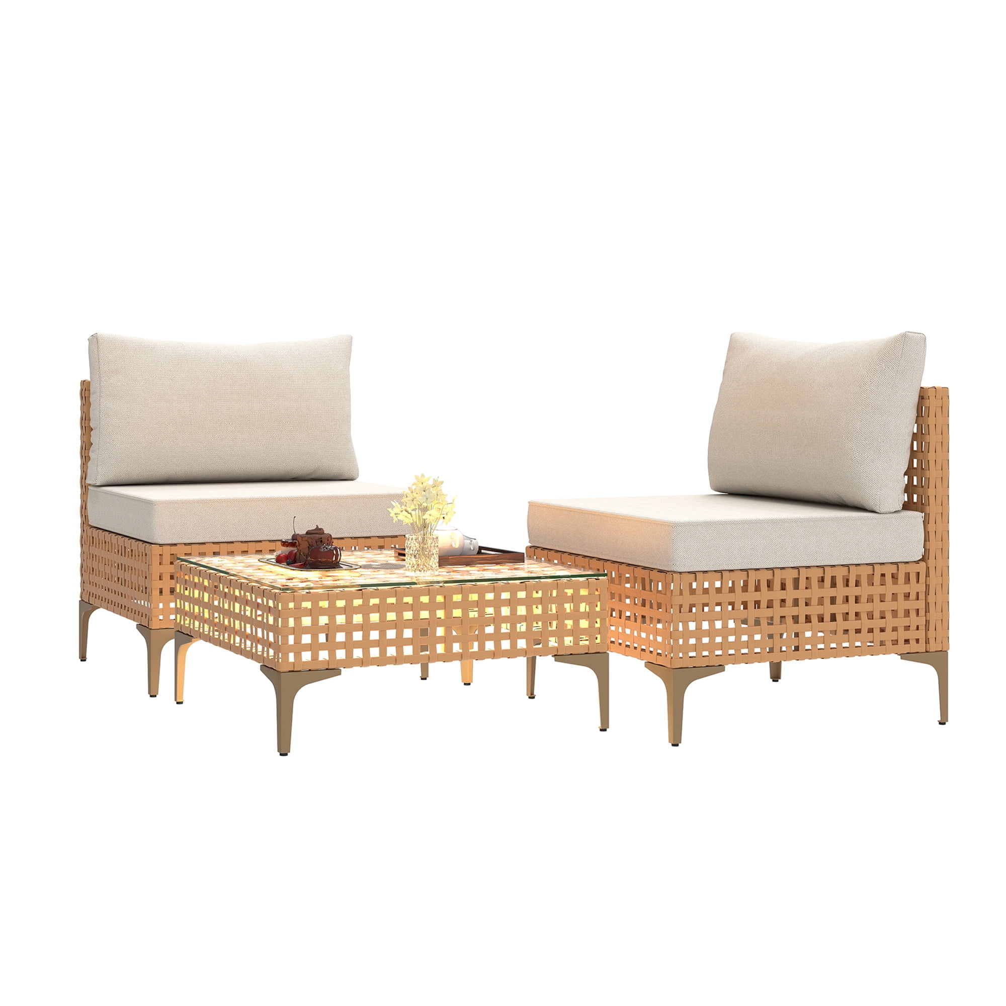 Uforic 3 Pieces Outdoor Patio Furniture Set,Rattan Wicker Conversation Set,Bistro Set of Outdoor Sectional Sofa Chairs & Solar Light Coffee Table