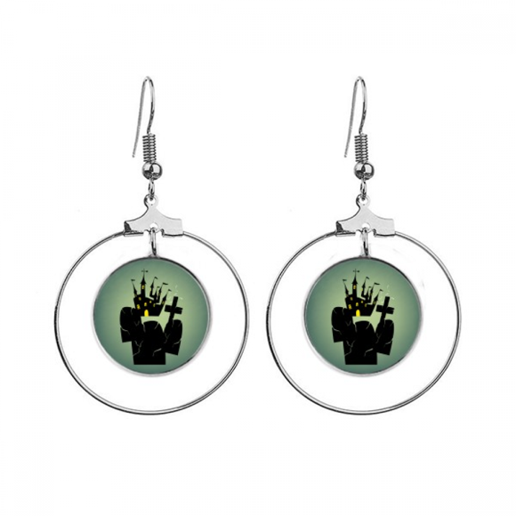 Cemetery Outside Castle Halloween Earrings Dangle Hoop Jewelry Drop Circle