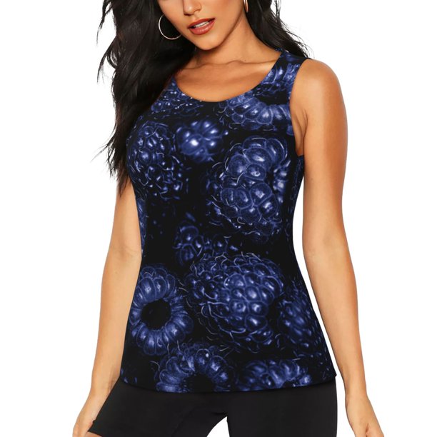 Balery Blue-Purple Raspberries Camiseta sin mangas estampada ligera para mujer, tops de entrenamiento sin mangas, camisetas de yoga transpirables de secado rápido.-X-Large