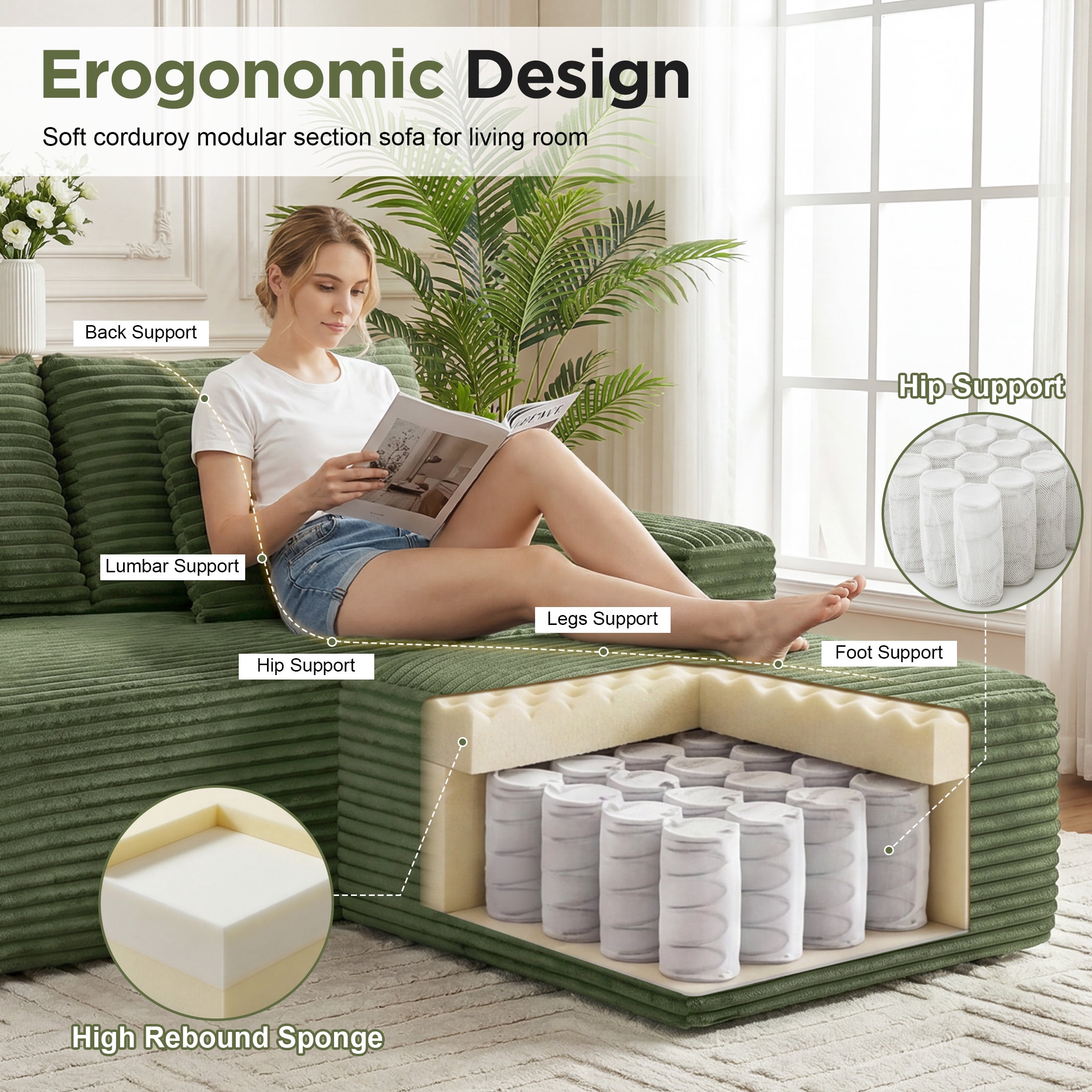 Aenkyo 127" Corduroy U-Shaped Modular Sectional Sofa with Storage Console and Cup Holder, Green