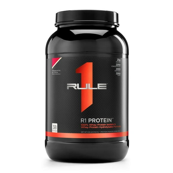 Rule One Proteins, R1 Protein - Strawberries and Crème, 25g Fast-Acting, Super-Pure 100% Isolate and Hydrolysate Protein Powder with 6g BCAAs for Muscle Growth and Recovery, 2.5 Pounds, 38 Servings