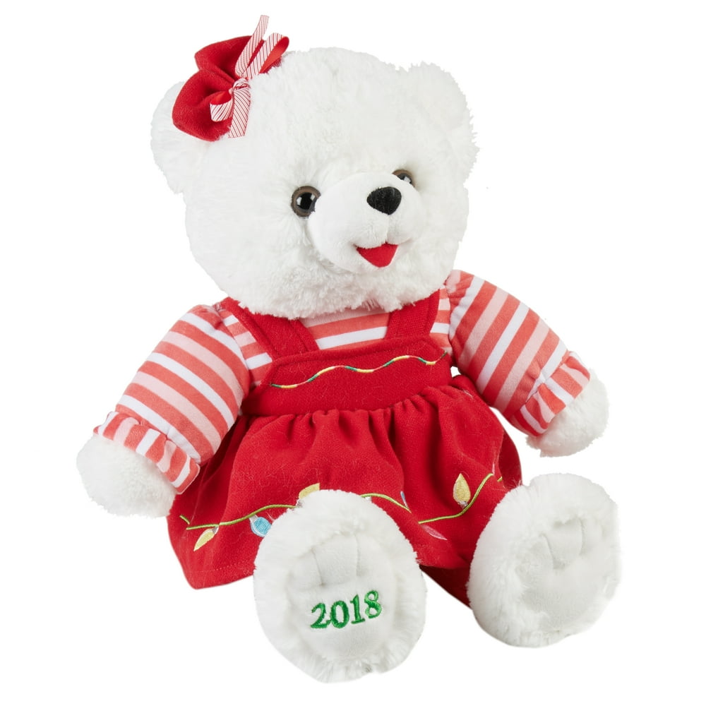 Holiday Time Plush Teddy Bear, Girl, 2018, White with Red Outfit