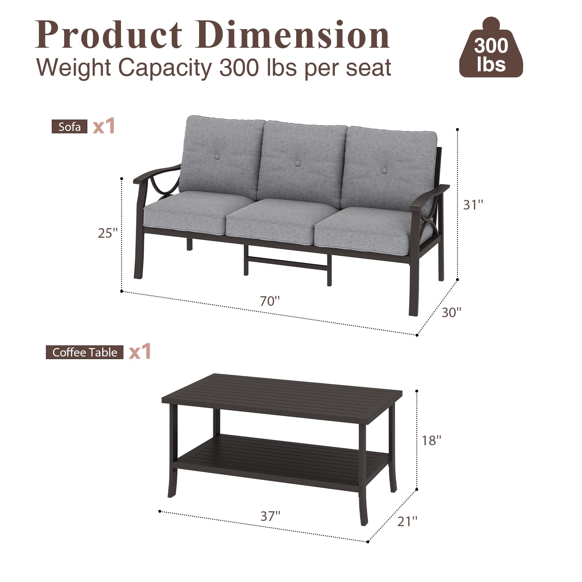 Heynemo Outdoor Patio Furniture Set, 2 Piece Patio Conversation Set, Metal Furniture Set with 3 seat Sofa for Porch Backyard,Khaki Metal Furniture with Gray Cushions