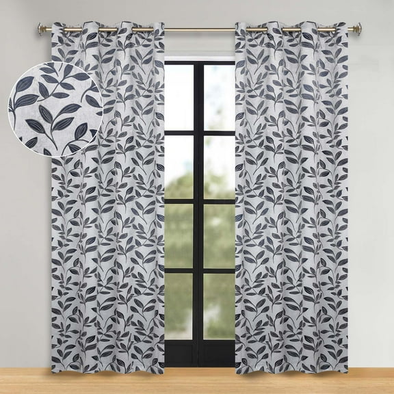 Superior Blackout Leaves Light Filtering Grommet Curtain Panel Set, 52"x72", White-Navy Blue