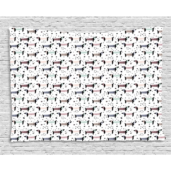 Dog Tapestry, Hand Drawn Dachshund Silhouettes on Monochrome Dotted Background Nursery Theme Image, Wall Hanging for Bedroom Living Room Dorm Decor, 80W X 60L Inches, Multicolor, by Ambesonne