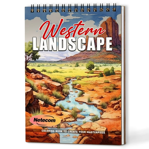 Netecom Western Landscape Coloring Book Spiral Bound For Adults, A5 Wooden Cover, 30 Beautiful Coloring Pages in Wild West Scenery for Stress Relief and Relaxation