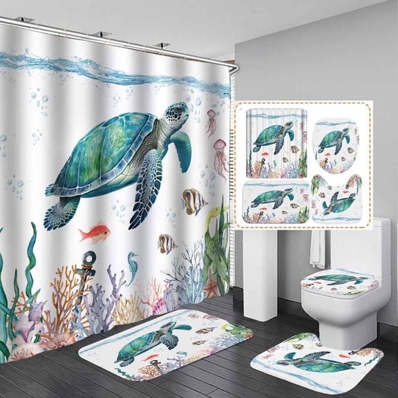 4PCS Teal Sea Turtle Shower Curtain Sets with Rugs, Waterproof Fabric Blue Shower Curtain, Summer Underwater Life Ocean Animal Fish Coral Purple Seaweed Nautical Beach Coastal Bathroom Decor
