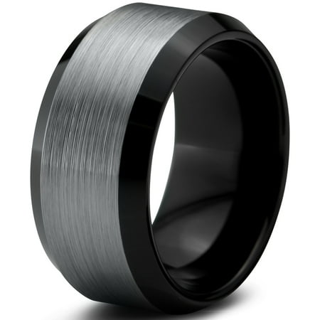 Tungsten Wedding Band Ring 10mm for Men Women Comfort Fit Black Beveled Edge Polished Brushed Lifetime Guarantee