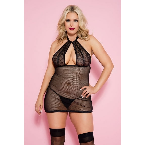 Music Legs Women's Women's Plus size fishnet halter mini with lace top 60076Q-BLACK