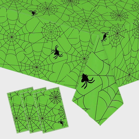 SDJMa 1 Piece 54 x 108 Inch Spider Web Plastic Tablecloth - Spiderweb with Spiders Designs, Disposable Rectangle Table Cover for Dining, Birthday, Halloween, Spooky Themed Decorations (Green)