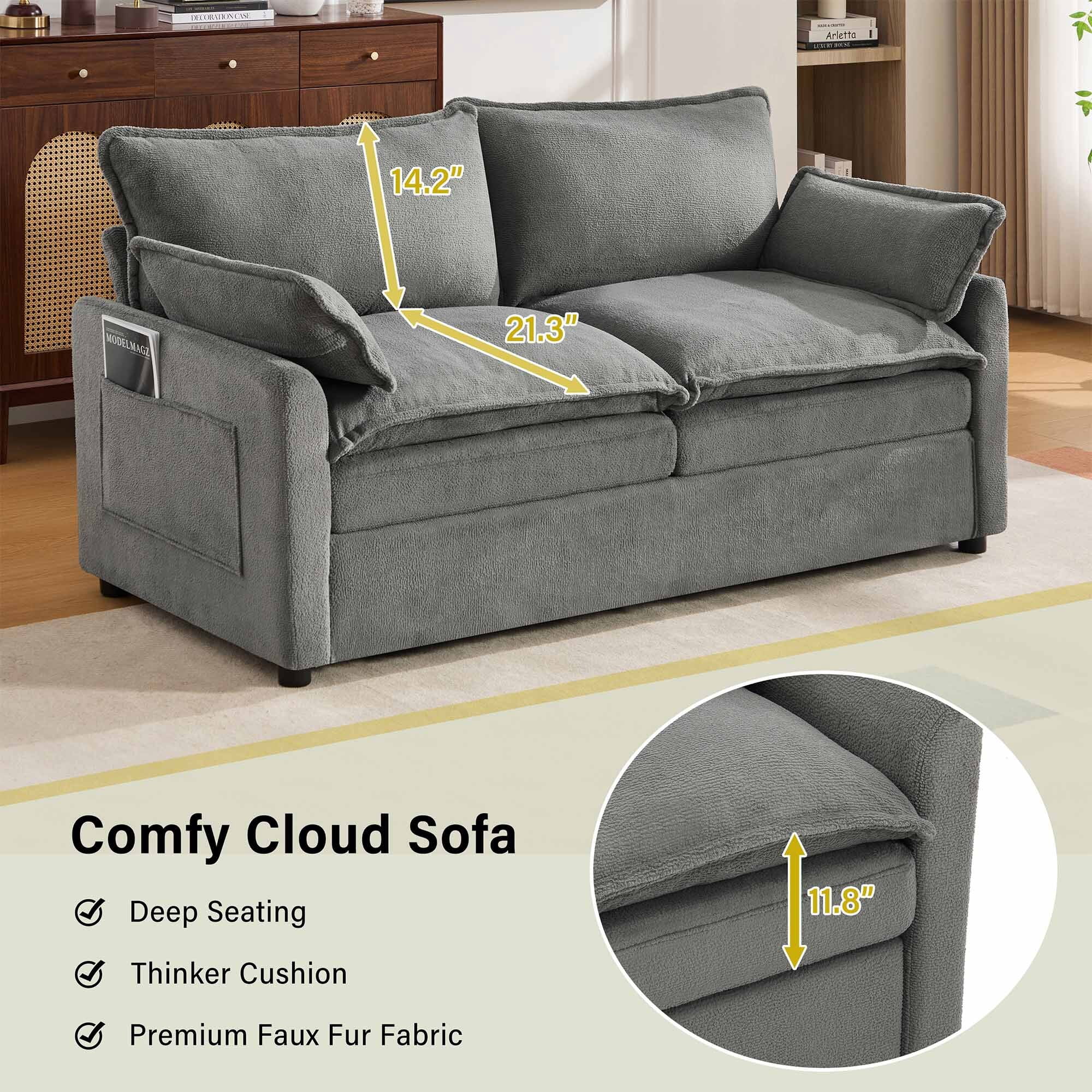 Lunale 2-Seater Sofa with Storage Pockets, Small Modern Cloud Couch for Living Room, Gray Chenille
