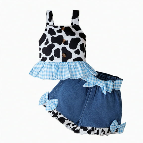 KPOPLK Toddler Girl Denim Western Outfit Baby Clothes Ruffle Cow Print Shirt Button Up Tops Belted Jeans Shorts baby out wear(18-24 Months,Blue)