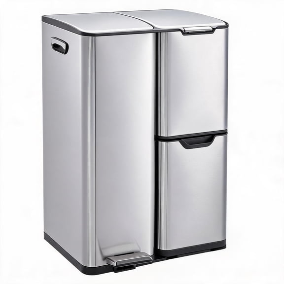 16‑Gallon Triple Compartment Stainless Steel Recycling Trash Bin, Silver